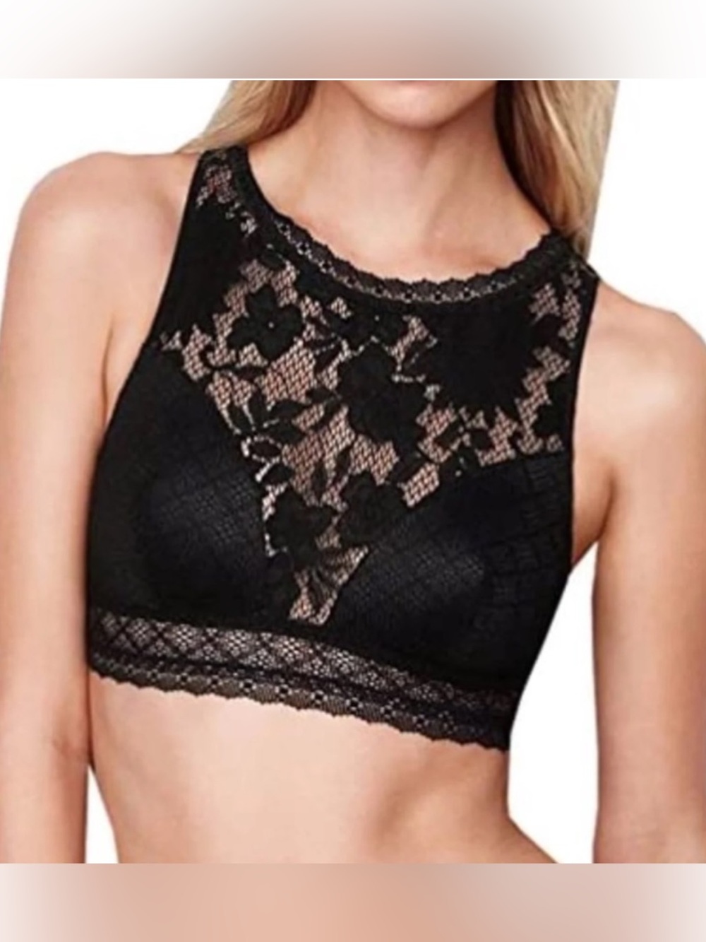 Victoria's Secret High-Neck Cutout Lace Bralette Size Medium Black Whimsigoth